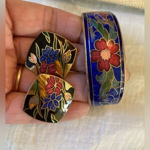 Vintage Cloisonné‎ Cuff Bracelet & Clip on Earrings